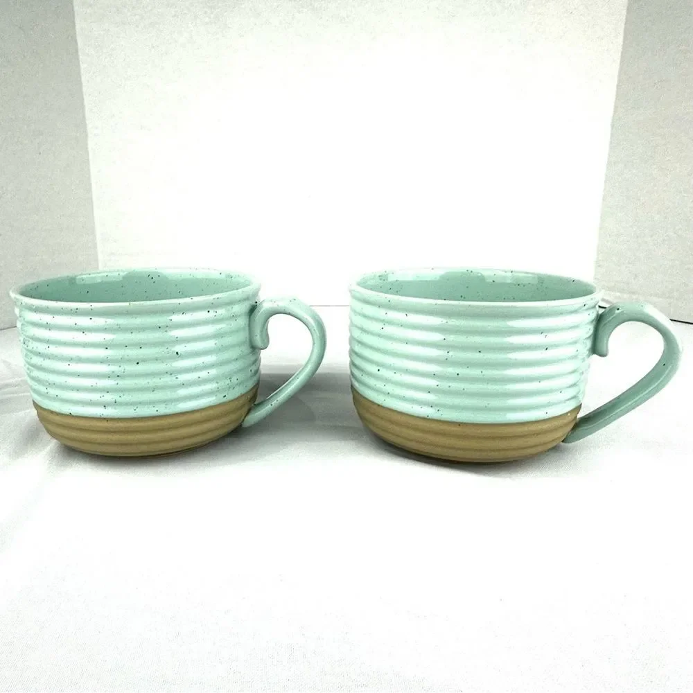 Set of 3 Ceramic Bowl and Large Soup Mugs Blue and Tan